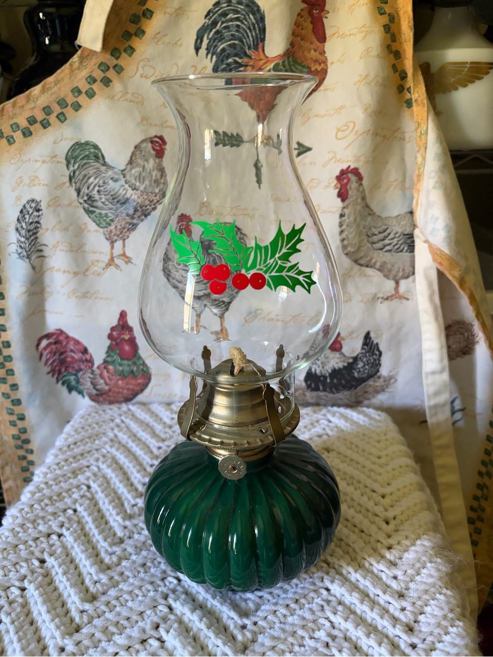 Vintage Green Holiday Oil Lamp with Holly Motif